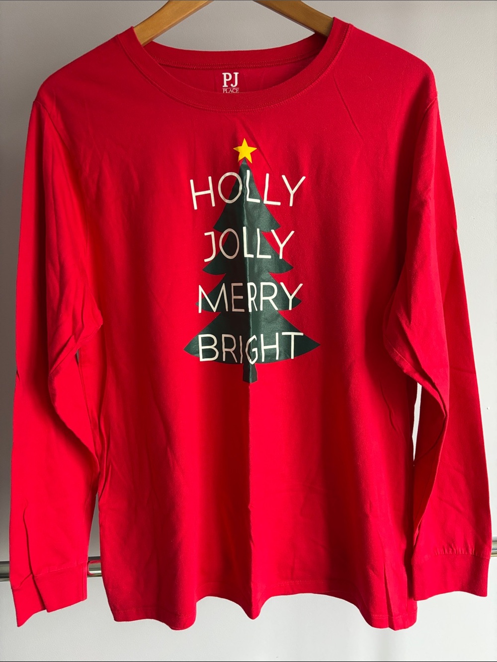 Red Long-Sleeve Holiday Pajama Tee with Christmas Tree Graphic